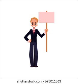 Vector office worker with blank pink banner placard isolated illustration on a white background. Business emplyee character holds pink placard, shows thumbs up sign. Business promotion template design