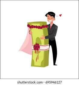 vector office worker in love with bundle of money, merrying it. Flat cartoon isolated illustration on a white background. Happy smiling man character. Money success profit and richness concept