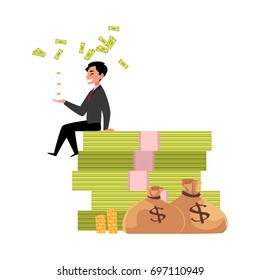 vector office worker sitting on bundle of money with big gold bags near. Flat cartoon isolated illustration on a white background. Happy smiling man character Money success profit and richness concept
