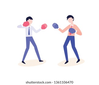 Vector office workers fighting in boxing gloves. Confrontation and disagreement at work. Severe business competition, team quarrel or conflict concept. Men in corporate suits punching each other