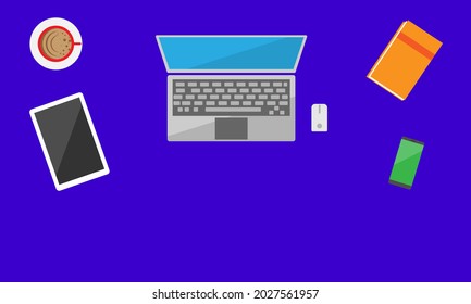 Vector office working desk related thing such laptop, tablet, notebook on the dark blue color background