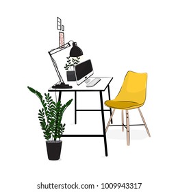 Vector office workplace with computer and plants. Comfortable modern creative workspace with yellow chair. Flat loft studio concept. Home cosy lifestyle apartment mock up. 