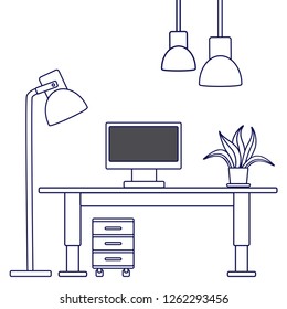 vector office / workplace with computer and plants on the table in blue and white. Vector graphic, pictogram, room equipment, home office