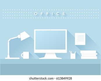 Vector, office, workspace, business, workspace, flat design, cup, coffee, tea, mobile, notebook, player, goggles, table, lamp, blue