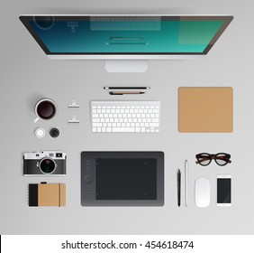 Vector office workspace. Top view of desktop, cup, keyboard, mouse, office objects etc.
