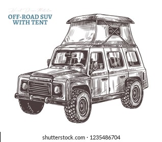 Vector off-road suv car with rooftop tent.  Hand drawn sketch automobile for bad roads, safari, extreme sport, rally and mountain adventure. Engraving illustration