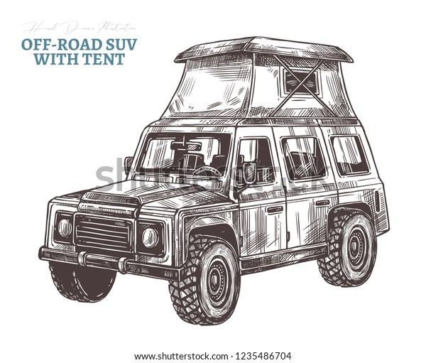 Vector off-road suv car with\
rooftop tent.  Hand drawn sketch automobile for bad roads, safari,\
extreme sport, rally and mountain adventure. Engraving\
illustration