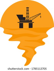 Vector of offshore oil platform on sea and sunset in background. Oil and gas company silhouette logo illustration design
