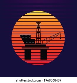 Vector of offshore oil platform on sunset background. Oil and gas company silhouette logo illustration design