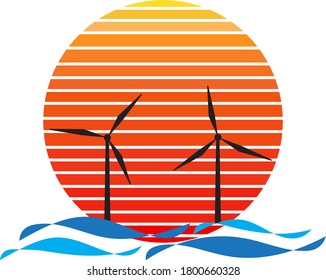 Vector of offshore wind farm on sea and sunset in background. Green energy industrial company silhouette logo illustration design