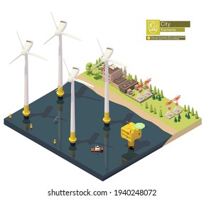 Vector offshore wind turbines power plant infrastructure. Includes offshore wind farm, transformer station, power lines and power station