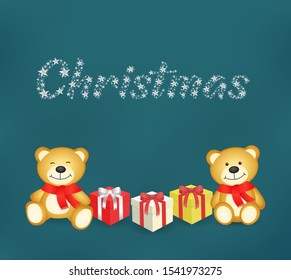 Vector ofvery cute teddy bears and gift in a blue background. Text merry christmas with silver color, gifts for Christmas, happiness illustration.

