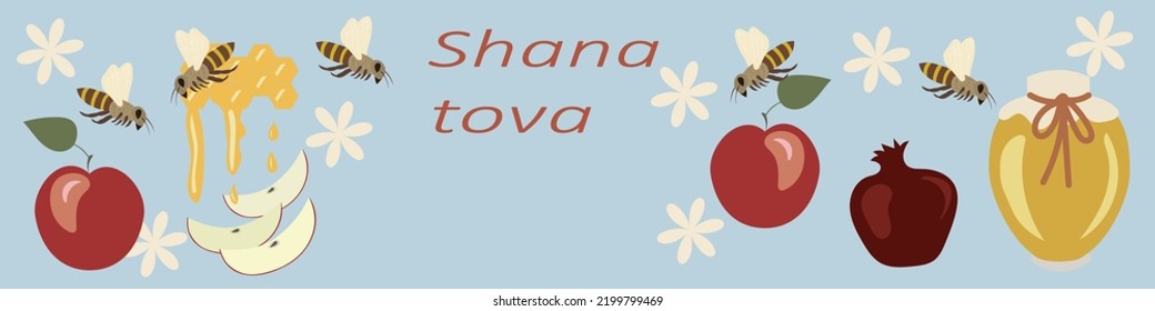 Vector oh horizontal festive banner with honey,flowers,bees,apple,apples slice,pomegranate and words Shana tova- vishes good year