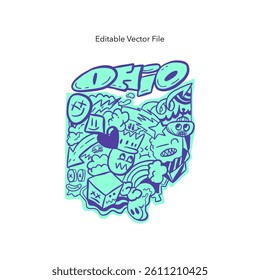 Vector Ohio map fill with playful doodle. Graffiti Ohio illustration. 