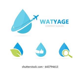 Vector of oil and airplane logo combination. Drop and travel symbol or icon. Unique flight water and aqua logotype design template.