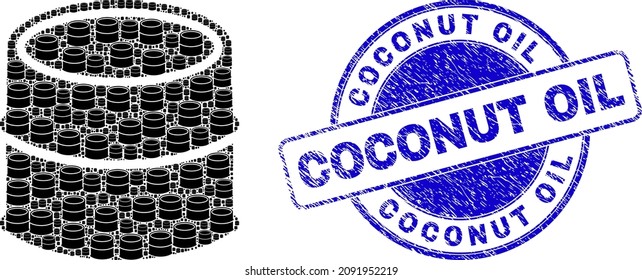 Vector oil barrel icon composition is done from random self oil barrel pictograms. Coconut Oil rubber blue round stamp seal. Fractal collage from oil barrel icon.