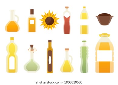 Ilustraciones de botellas de aceite vectorial. Girasol, aceituna, maíz, semilla, nuez, aceite de aguacate. Dibujo aislado conjunto de icono de girasol producto. Aceites de semillas de productos orgánicos saludables.