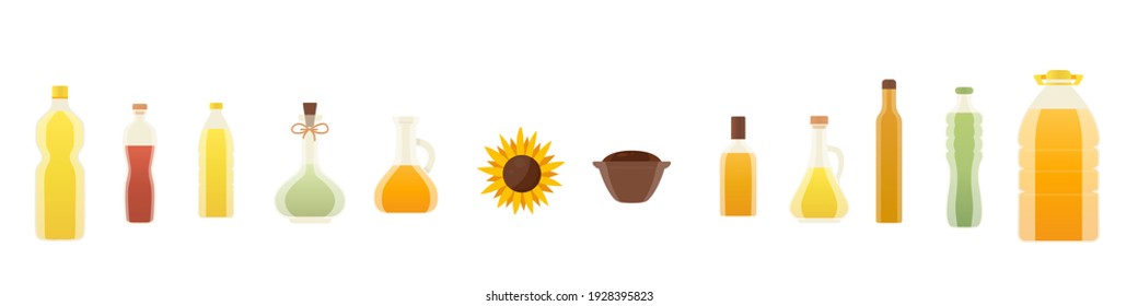 Vector oil bottles illustrations. Sunflower, olive, corn, seed, walnut, avocado oil. Isolated cartoon set icon sunflower product. Organic healthy product seed oils.