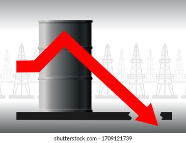 Vector oil crisis concept. The fall in oil prices, fuel. The red arrow of the graph against the background of the barrel falls below the possible, below zero. Background from oil derricks.