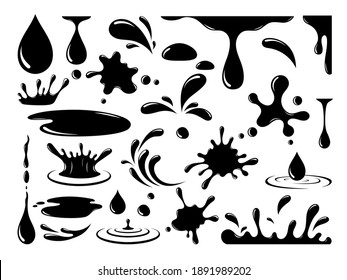 Vector Oil Drops. Dripping Machine Oil, Liquid, Paint, Splash Ink, Stain, Spill, Current Drop And Splash Isolated On White Background. Silhouette Black Drop Icons Set. Flat Design. 