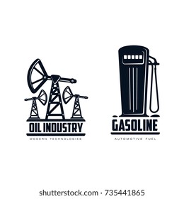 vector oil fuel pump, derrick and gasoline fueling station simple flat icon pictogram set isolated on a white background. Gas oil fuel, energy power industry symbol, sign