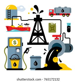Vector Oil Industry. Delivery Vehicles. Flat style colorful Cartoon illustration.