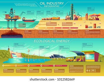 Vector oil industry ecological energy infographics presentation template set. Renewable solar panel water dam windmill turbines, electric car charging station traditional oil extraction transportation