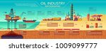 Vector oil industry presentation infographics. Offshore crude extraction, transportation, refinery plant. Illustration water rig drilling platform, fuel tanker ship rail tanks, car gas station