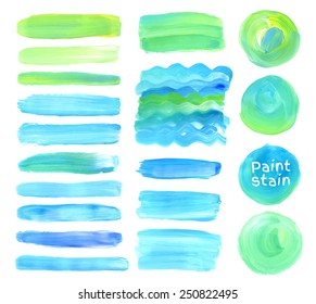 Vector oil paint texture stains set. Blue and green colors.