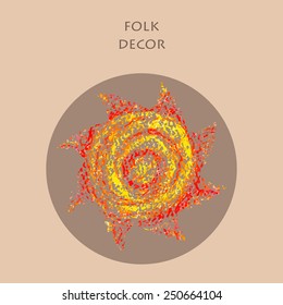 Vector oil pastel sun with sharp spiral rays, folk ornamental decor element 