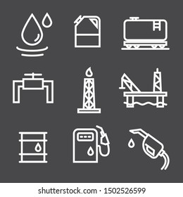  Vector Oil and petrol industry objects icons set white color thin line.Contains such Icons as Fuel Truck, Gas Station, Oil Factory, Transportation and more