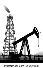 Vector. Oil pump and rig silhouette isolated on white background.