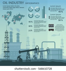 Vector Oil rig industry of processing petrol and transportation infographics set production elements.