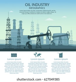 Vector Oil rig industry of processing petrol and transportation infographics set production elements.