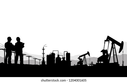 Vector Oil rig industry silhouettes background.