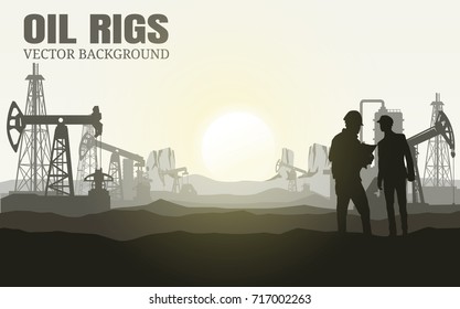 Vector Oil rig industry silhouettes background.