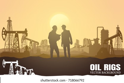 Vector Oil Rig Industry Silhouettes Background.