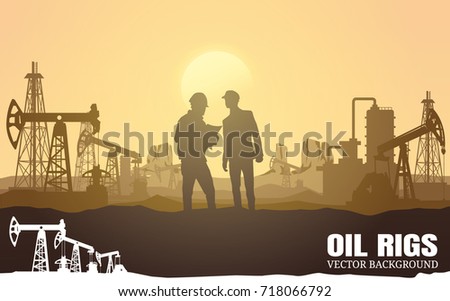 Vector Oil rig industry silhouettes background.