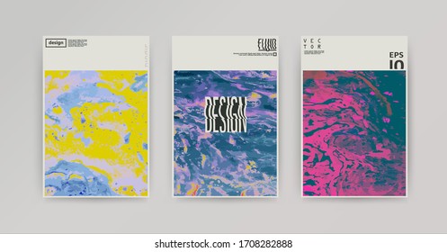 Vector oil texture template set, cover design with wave logo. Minimalistic composition. Marble effect.