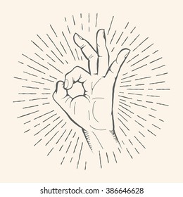 Vector OK hand gesture. All right hand drawn sign. Vector pencil sketch illustration. Isolated on white background.