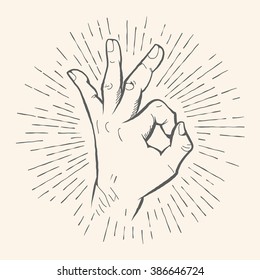 Vector OK Hand Gesture. All Right Hand Drawn Sign. Vector Pencil Sketch Illustration. Isolated On White Background.