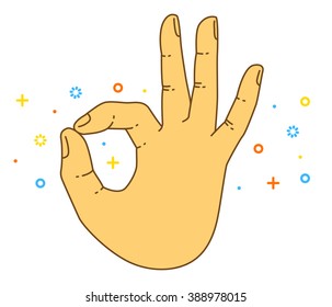 Vector OK hand gesture. All right hand drawn sign. Vector flat illustration. Isolated on white background. Presentation template. Banner vector. Poster layout. EFinger hand. Hand pointing