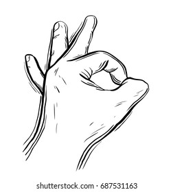 Vector OK hand gesture. All right hand drawn sign. Vector pencil sketch illustration. Isolated on white background.