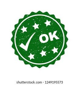 Vector OK scratched stamp seal with tick inside. Green OK imprint with grainy texture. Round rubber stamp imprint.