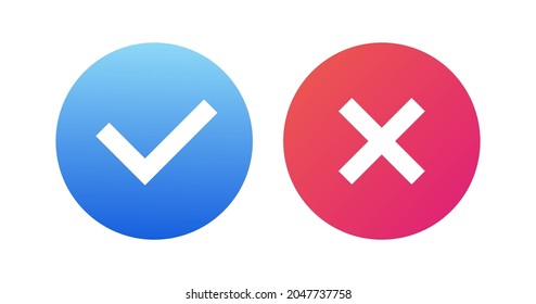 Vector OK and X button set isolated on background. Symbols YES and NO for decision making, vote, mobile app, web site. Checkmark sign. Right and wrong check mark sign 10 eps