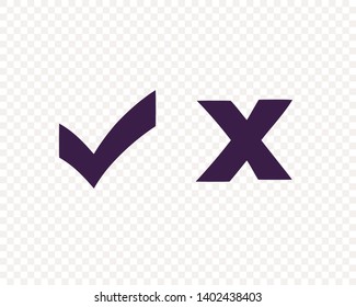 Vector OK and X icons isolated on transparent background. Symbols YES and NO for decision making, vote, mobile app, web site. Checkmark sign. Right and wrong check mark sign 10 eps