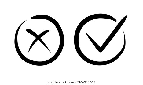 Vector OK and X sign set isolated on background. Symbols YES and NO for decision making, vote, mobile app, web site. Checkmark sign. Right and wrong check mark sign 10 eps