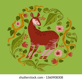 vector  Okapi (okapia johnstoni) doodle with fiddlehead fern greens,  liana,  flowers and leaves , stylized figures of rainforest for cards invitation, wrapping paper, notebook, clothes, cups, web