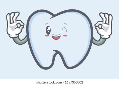 vector okay with grinning wink, happy face tooth character emoticon cartoon style. Logo, Icon, Mascot Illustration