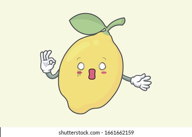 Vector Bien, Okey, Gesto De Mano Bien. Espaciado, Sorprendido, Cara conmocionada. Emoticono de personaje de Fruta limón, emoji, estilo de caricatura de expresión. Logotipo, icono, ilustración de mascota